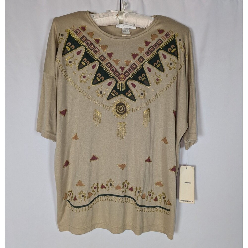 Vintage Joseph Kasper Aztec Southwestern Metallic Graphic Tee Tan XL NWT Flaw